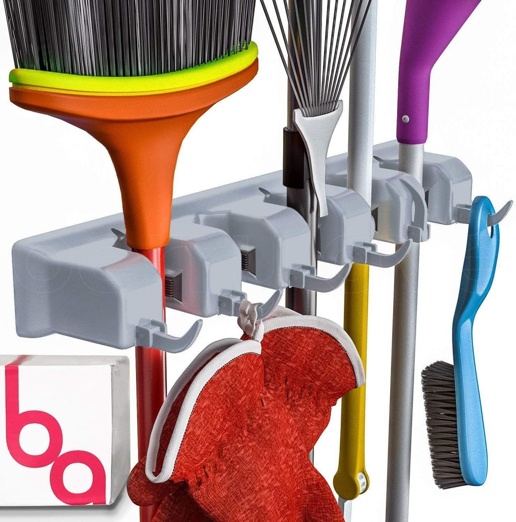 Wall-Mount Broom Holder and Garden Tool Rack with Six Hooks