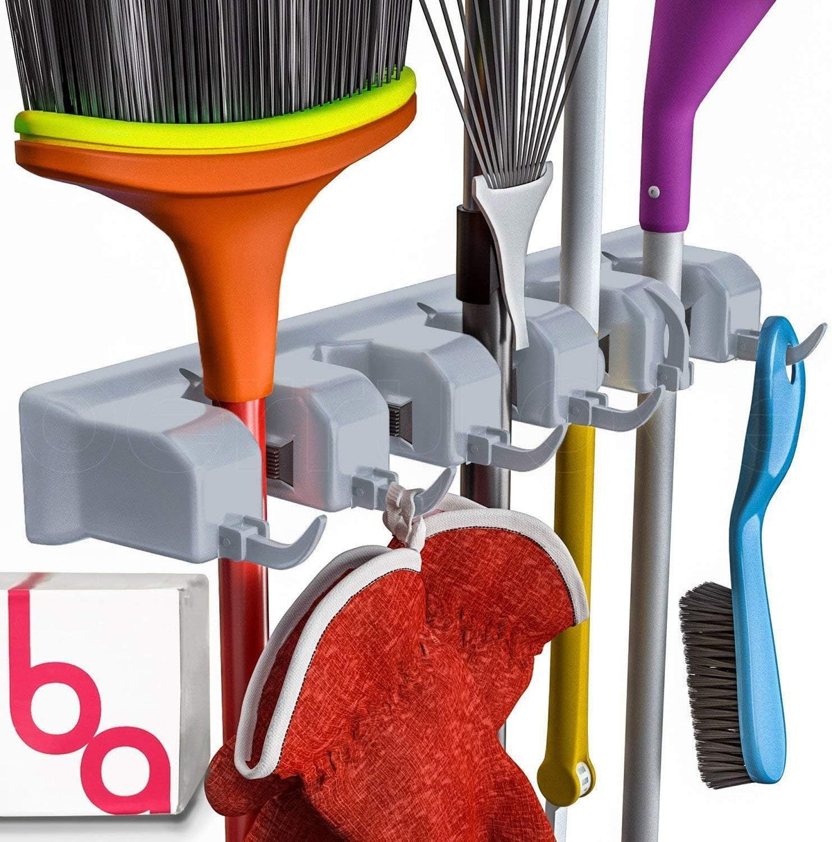 Wall-Mount Broom Holder and Garden Tool Rack with Six Hooks