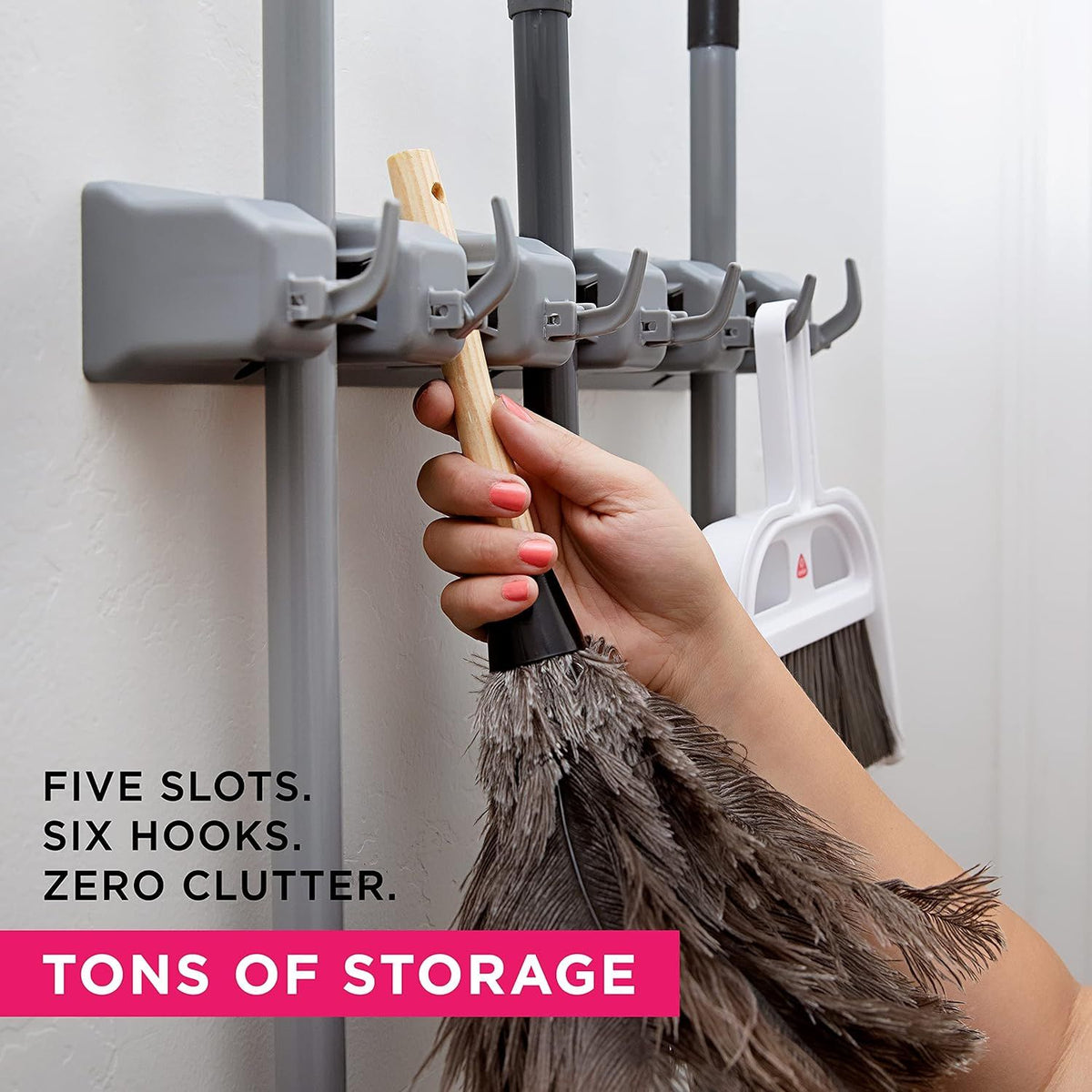Wall-Mount Broom Holder and Garden Tool Rack with Six Hooks
