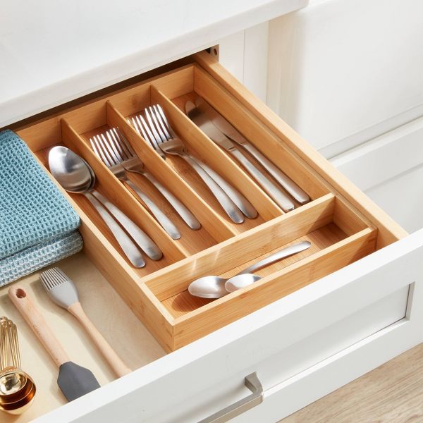 Brown Bamboo 5-Compartment Drawer Organizer for Flatware and Utensils