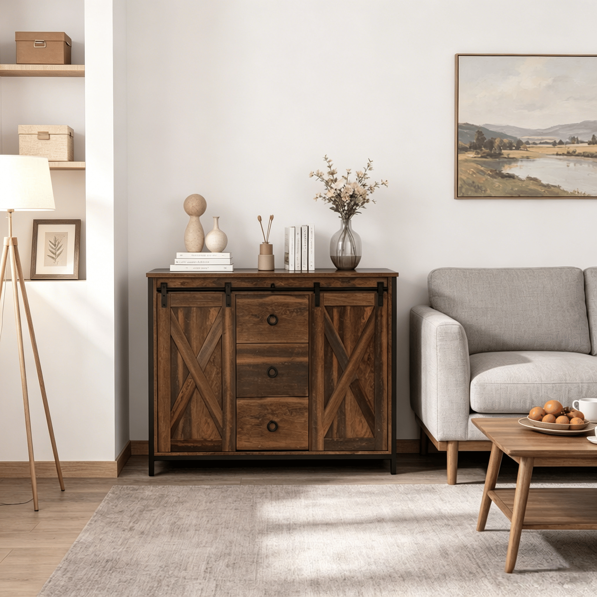 Rustic Brown Buffet Cabinet with Sliding Barn Doors