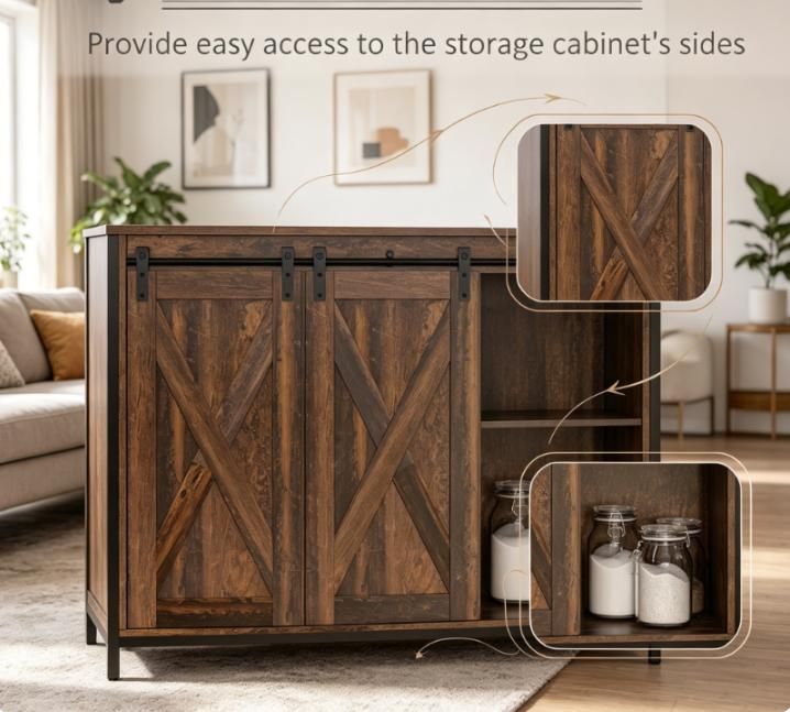 Rustic Brown Buffet Cabinet with Sliding Barn Doors