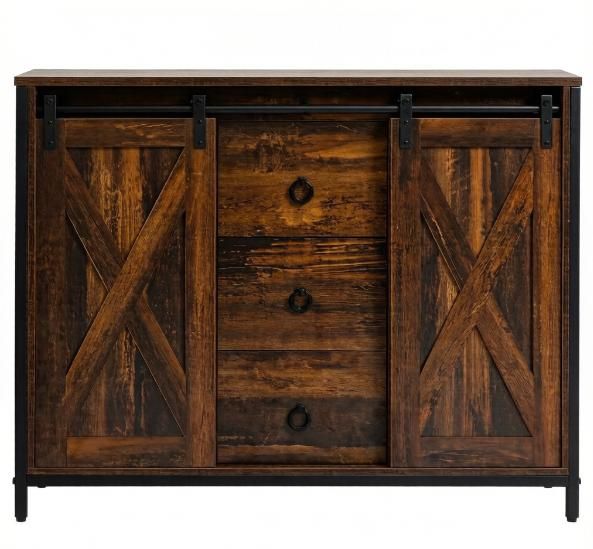 Rustic Brown Buffet Cabinet with Sliding Barn Doors