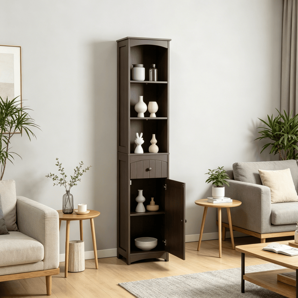 Brown Slim Bathroom Linen Tower with Open and Concealed Storage