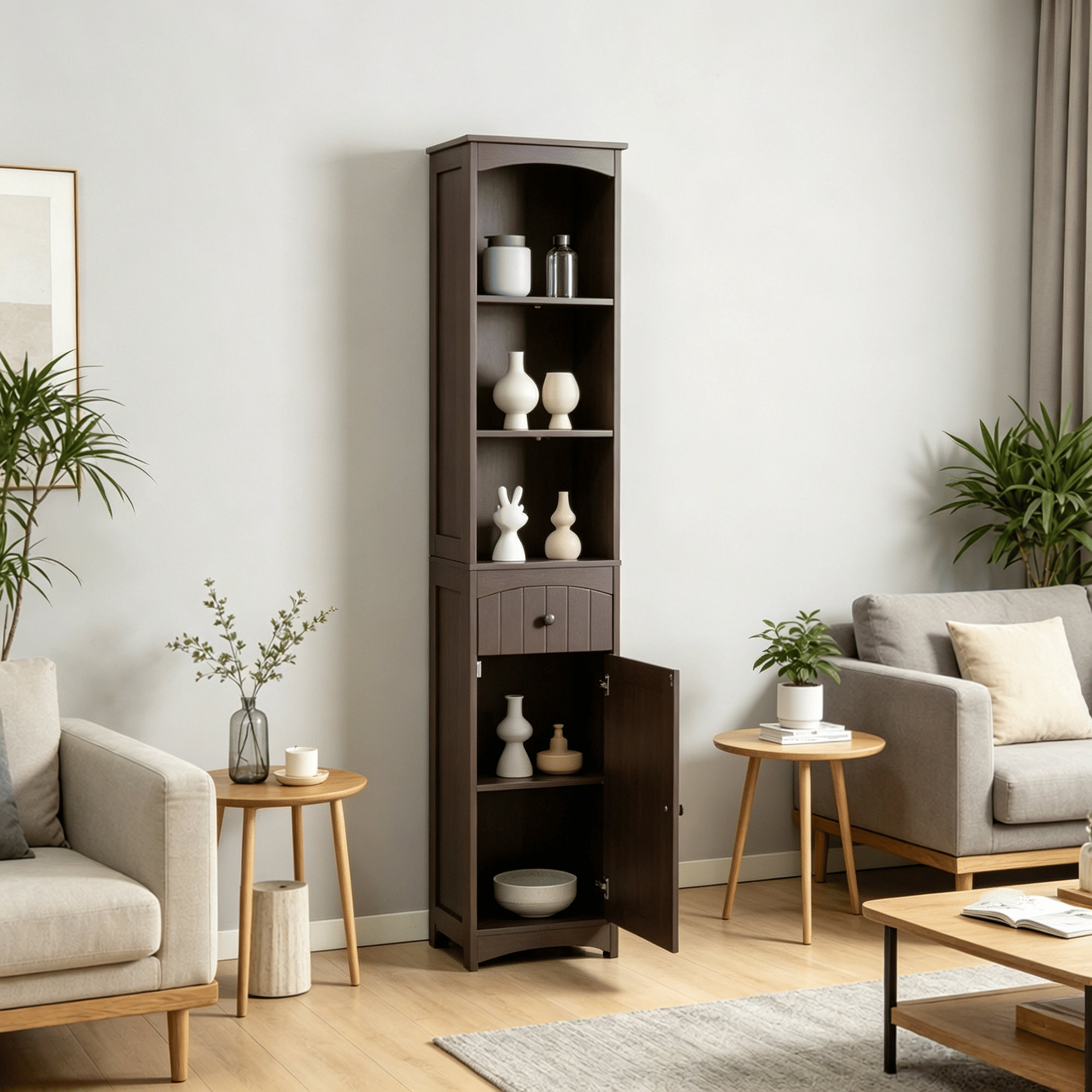 Brown Slim Bathroom Linen Tower with Open and Concealed Storage