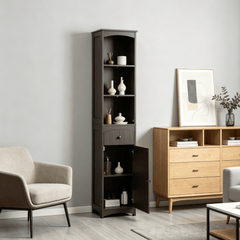 Brown Slim Bathroom Linen Tower with Open and Concealed Storage