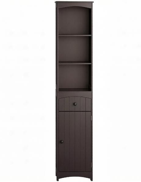 Brown Slim Bathroom Linen Tower with Open and Concealed Storage