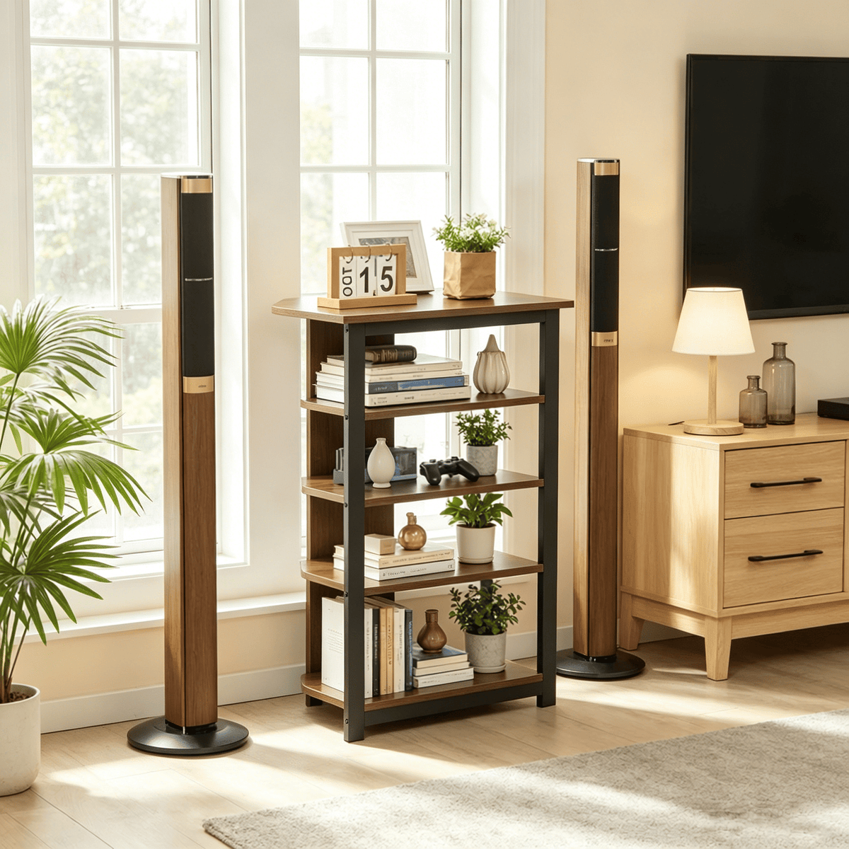 Brown Media Stand 4-Tier Audio Rack AV Corner Shelf with Cable Management for DVD Players