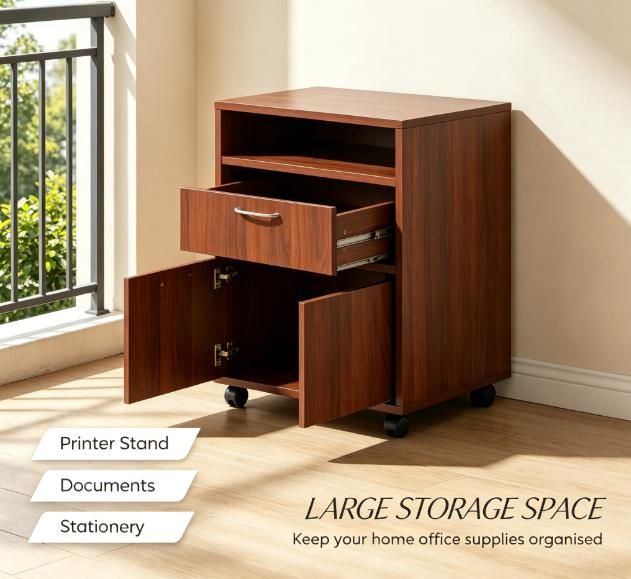 Brown Mobile Storage Cabinet with Drawer and Shelf – Organization for Home and Office