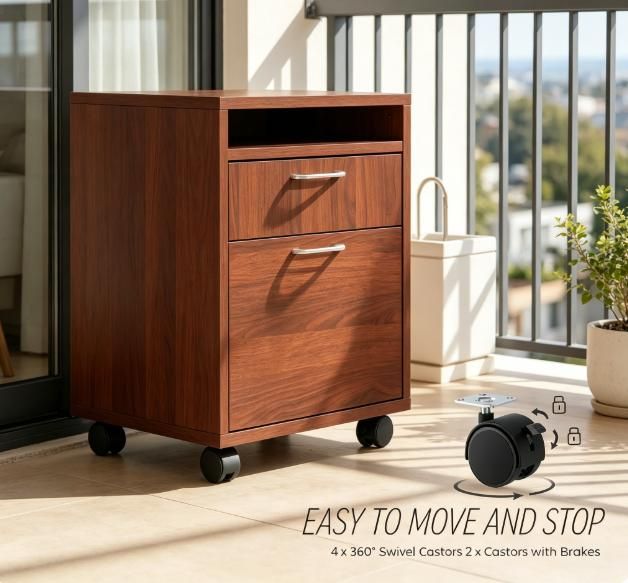 Brown Mobile Storage Cabinet with Drawer and Shelf – Organization for Home and Office