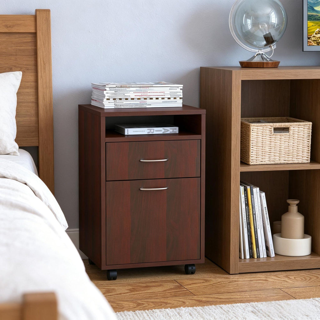 Brown Mobile Storage Cabinet with Drawer and Shelf – Organization for Home and Office