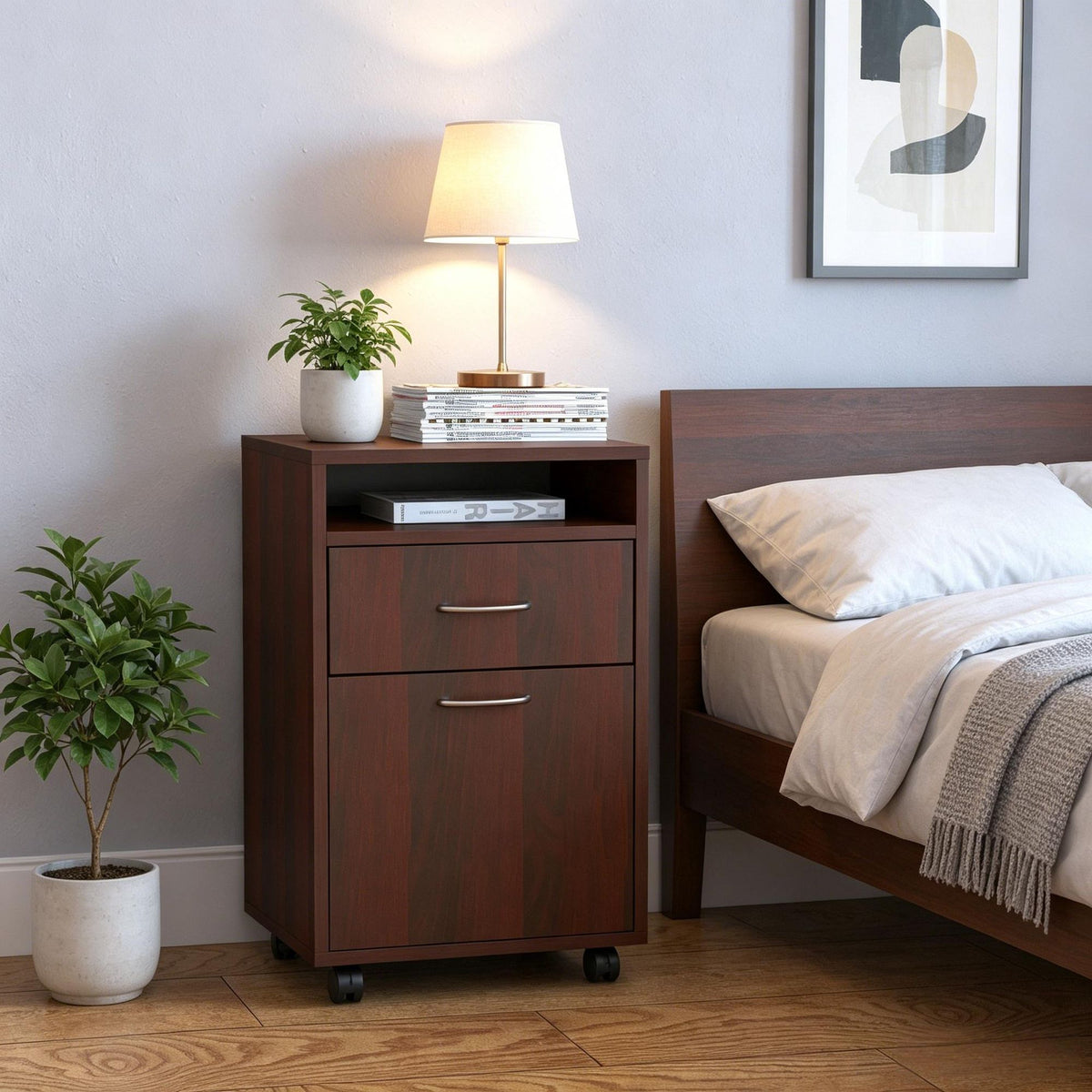 Brown Mobile Storage Cabinet with Drawer and Shelf – Organization for Home and Office
