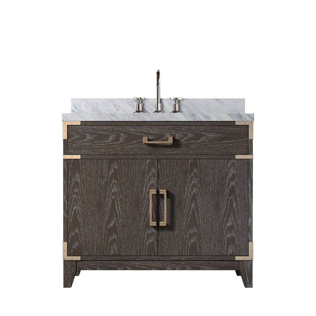 Brown Oak Bath Vanity. with Carrara Marble Top & Faucet