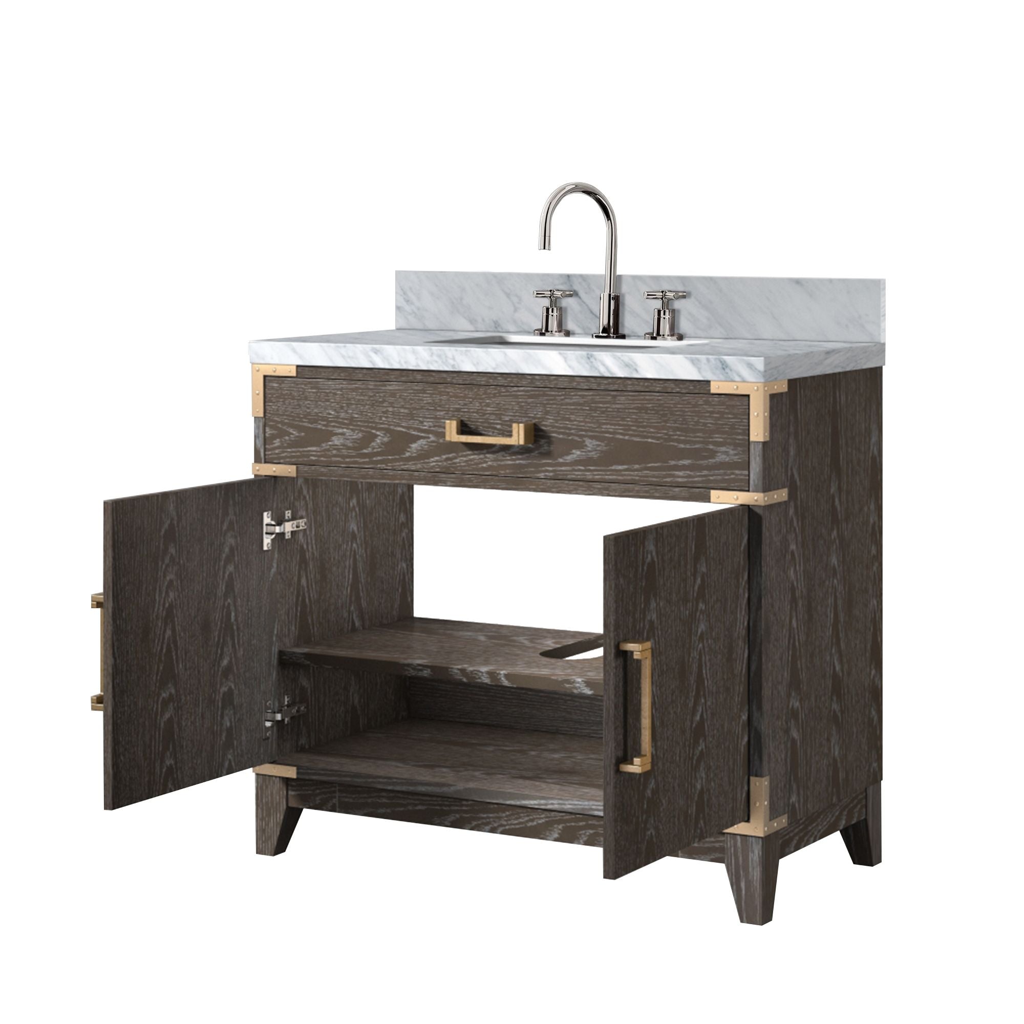 Brown Oak Bath Vanity. with Carrara Marble Top & Faucet