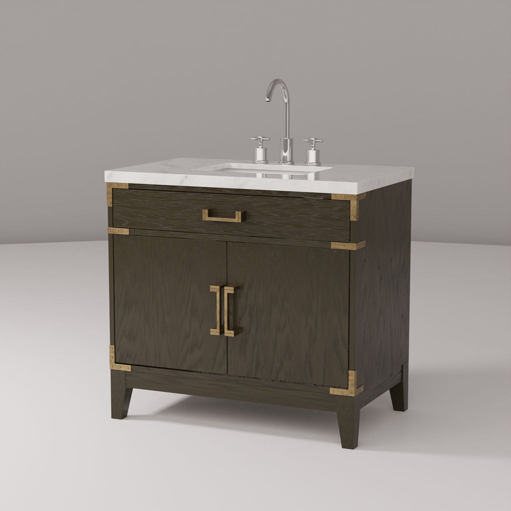 Brown Oak Bath Vanity. with Carrara Marble Top & Faucet