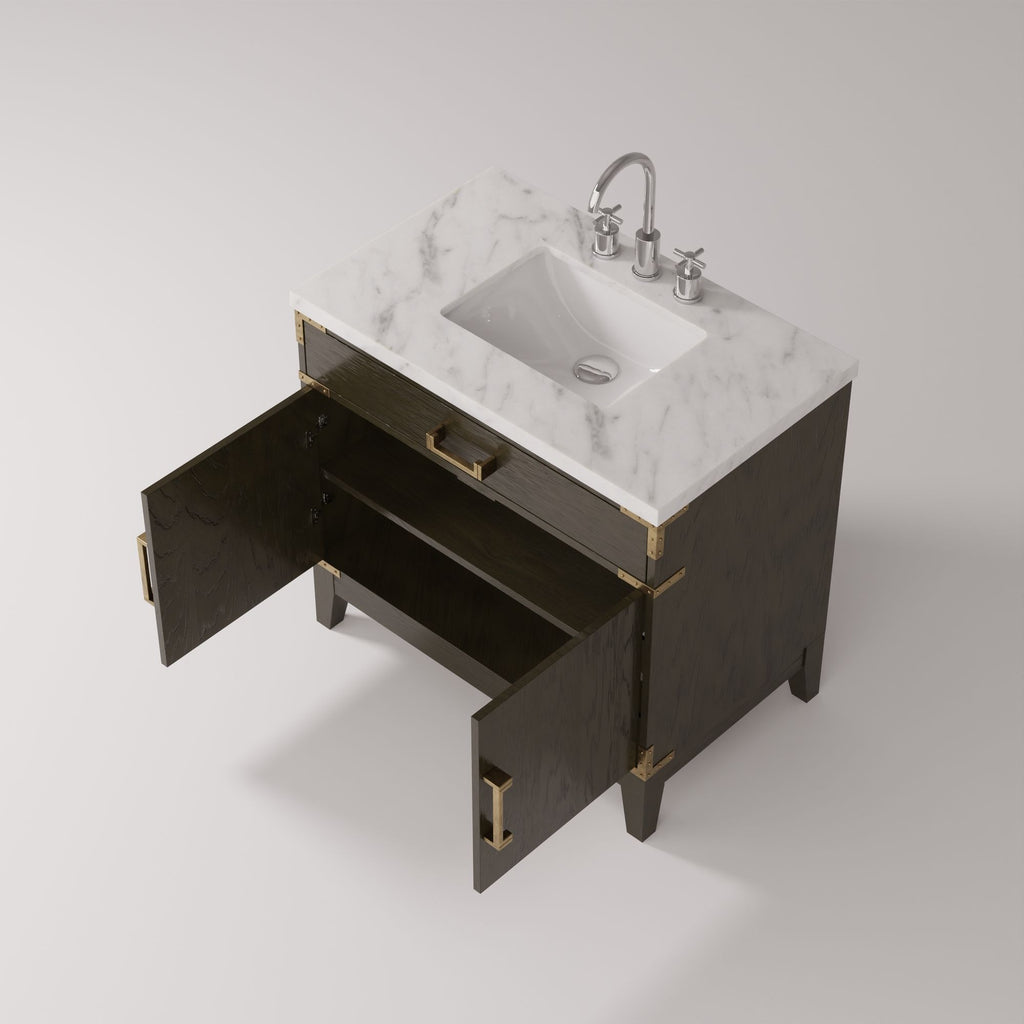 Brown Oak Bath Vanity. with Carrara Marble Top & Faucet