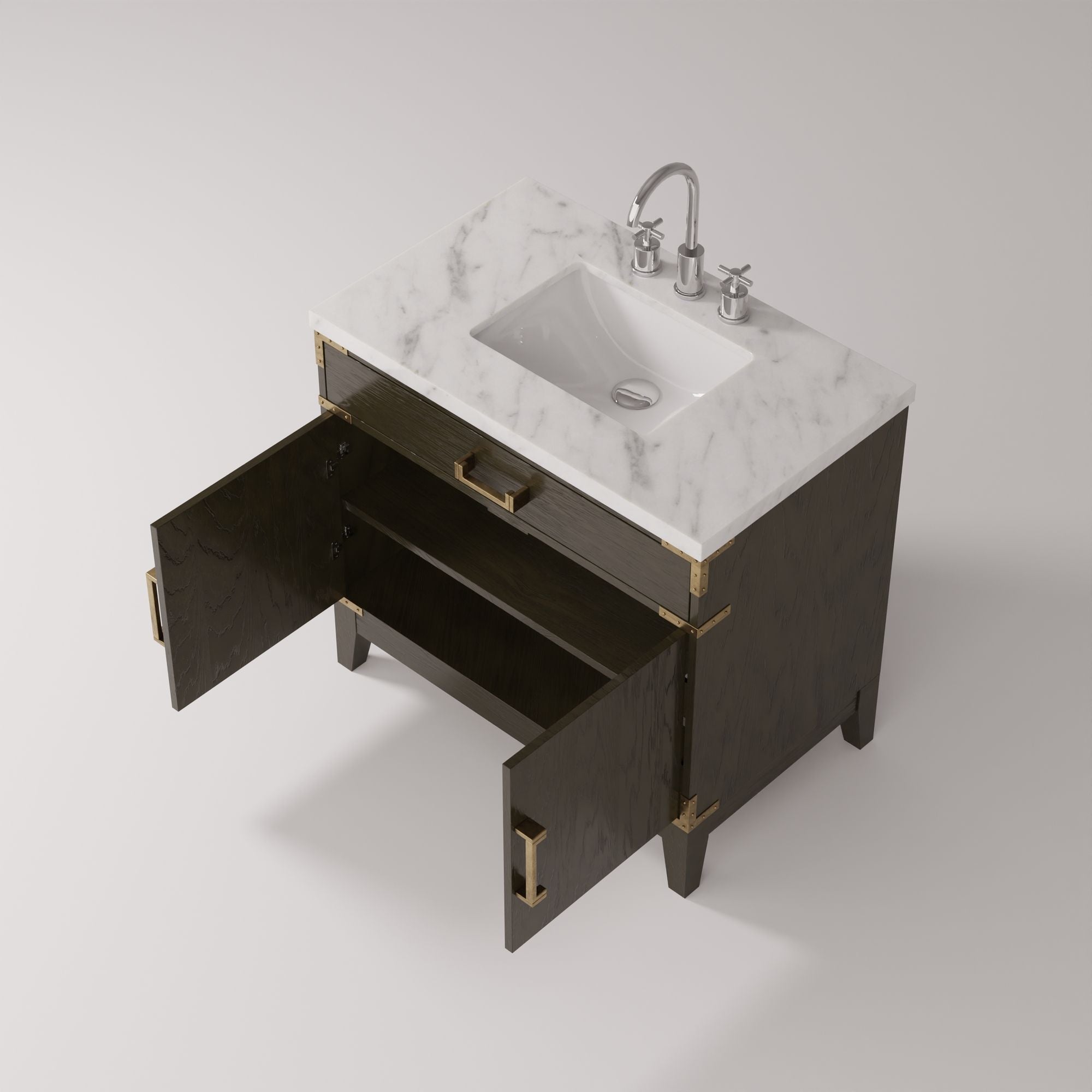 Brown Oak Bath Vanity. with Carrara Marble Top & Faucet