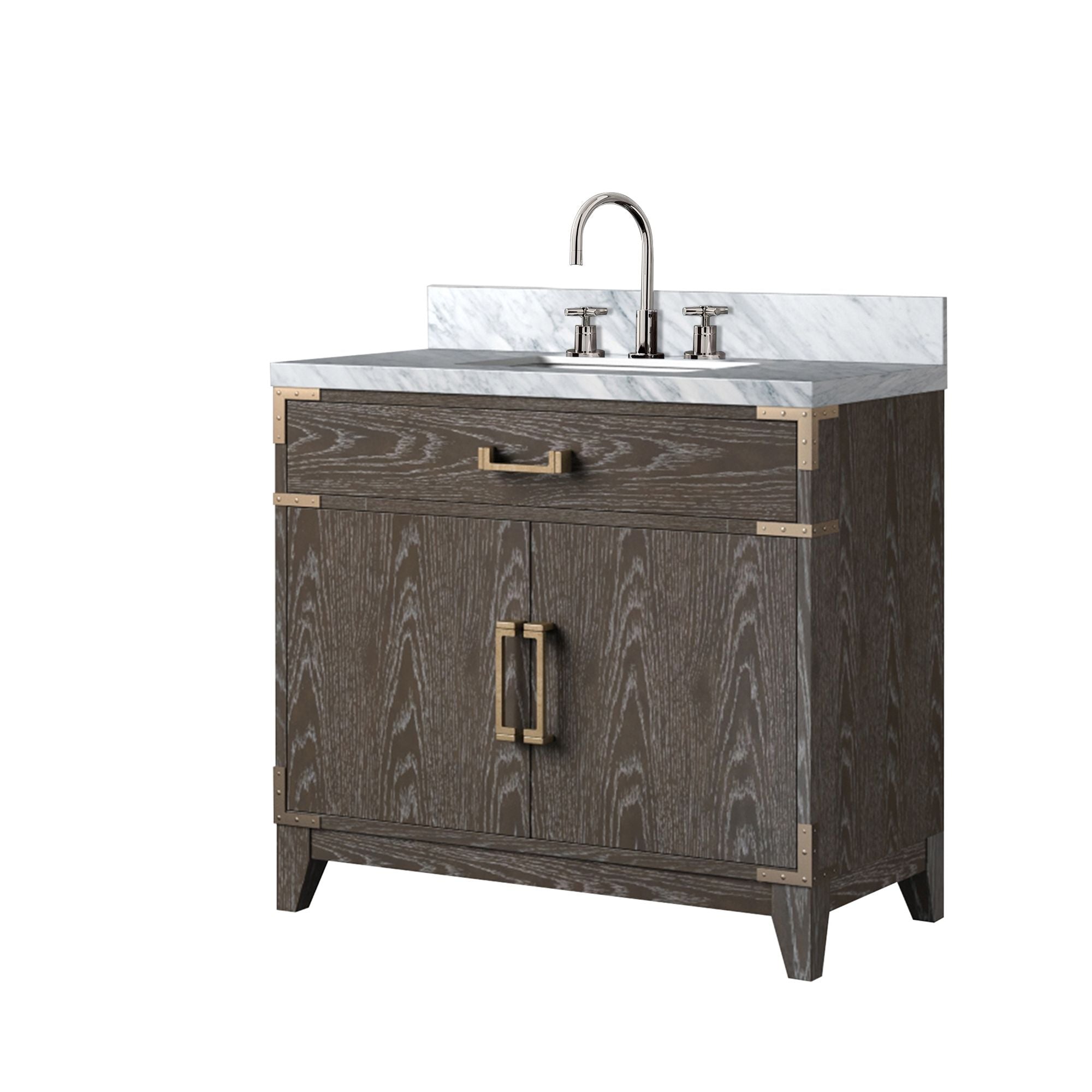 Brown Oak Bath Vanity. with Carrara Marble Top & Faucet