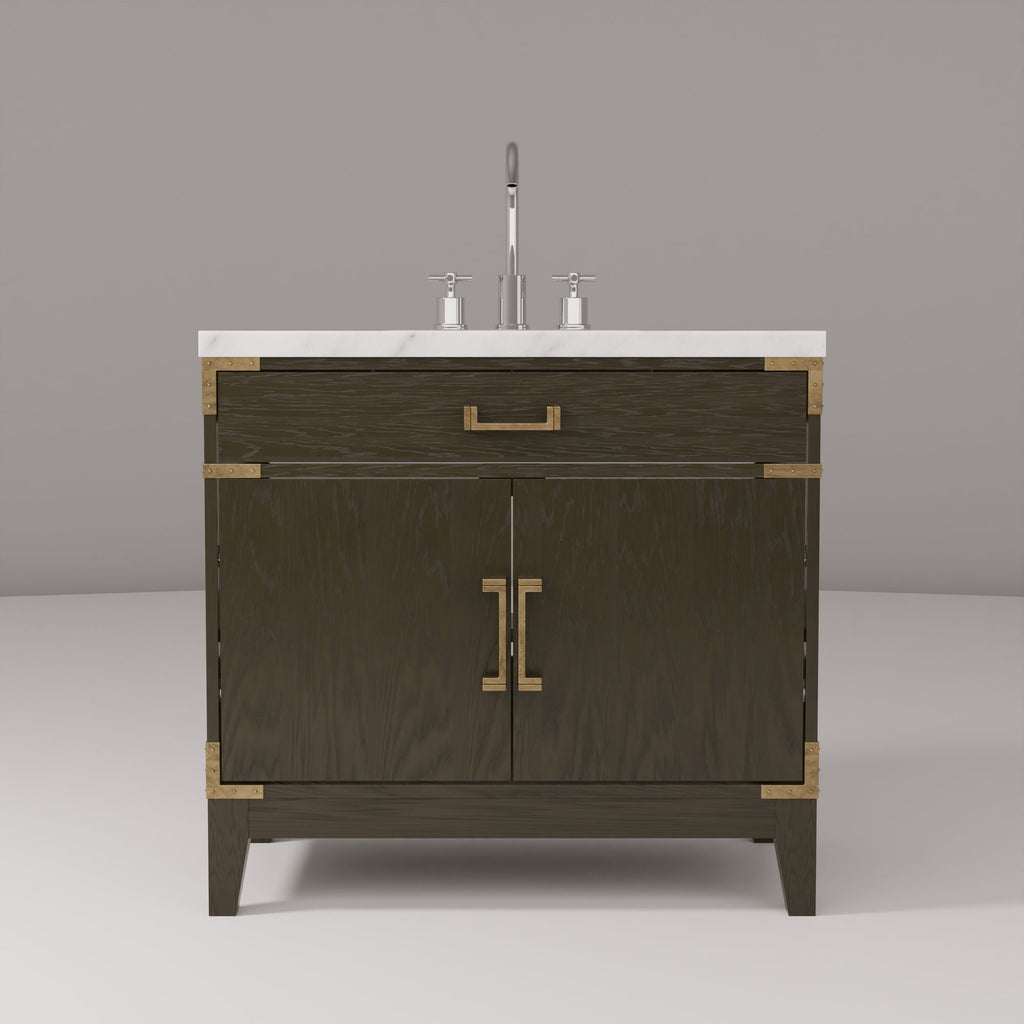 Brown Oak Bath Vanity. with Carrara Marble Top & Faucet
