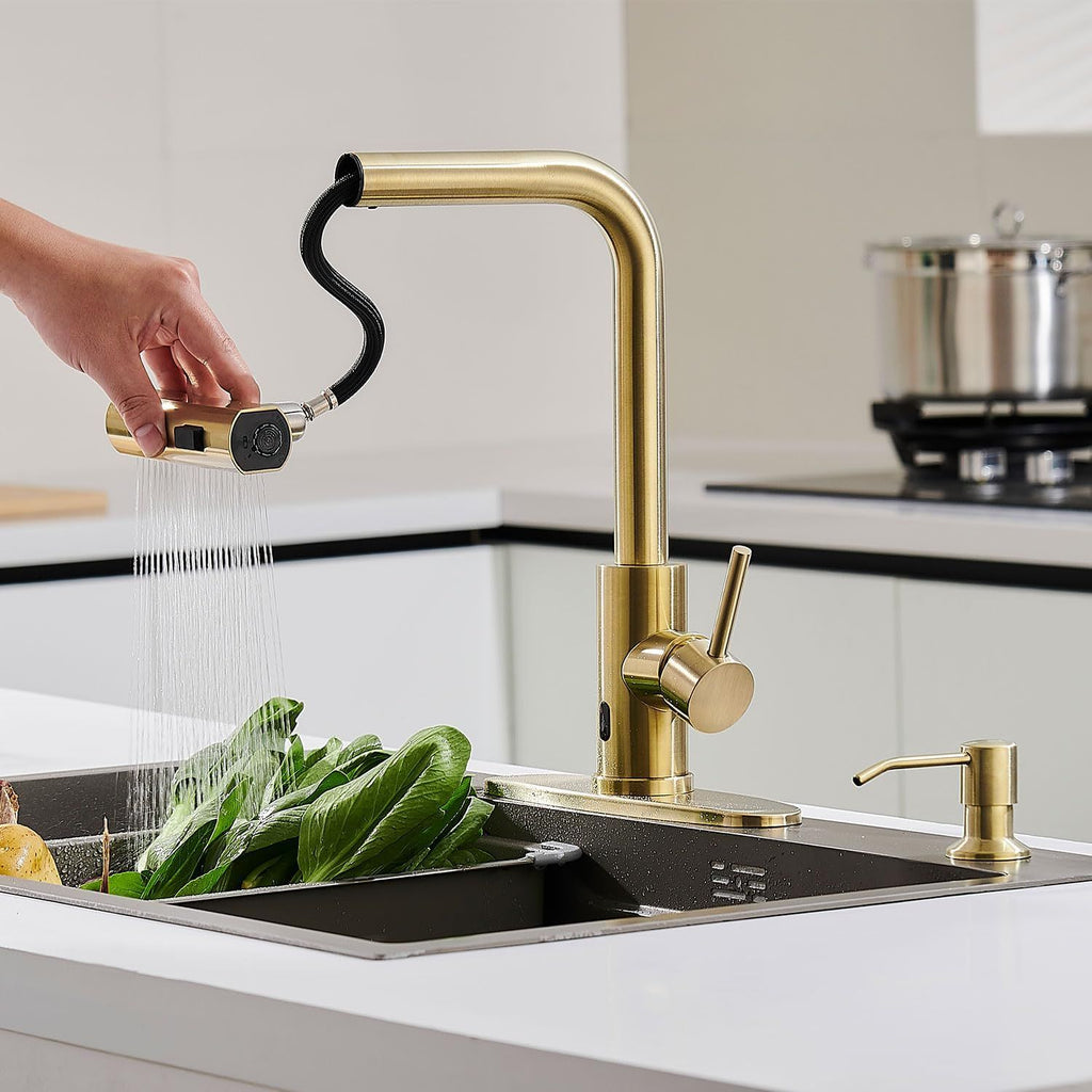 Brushed-Gold Touchless Kitchen Faucet with Pull-Down Sprayer