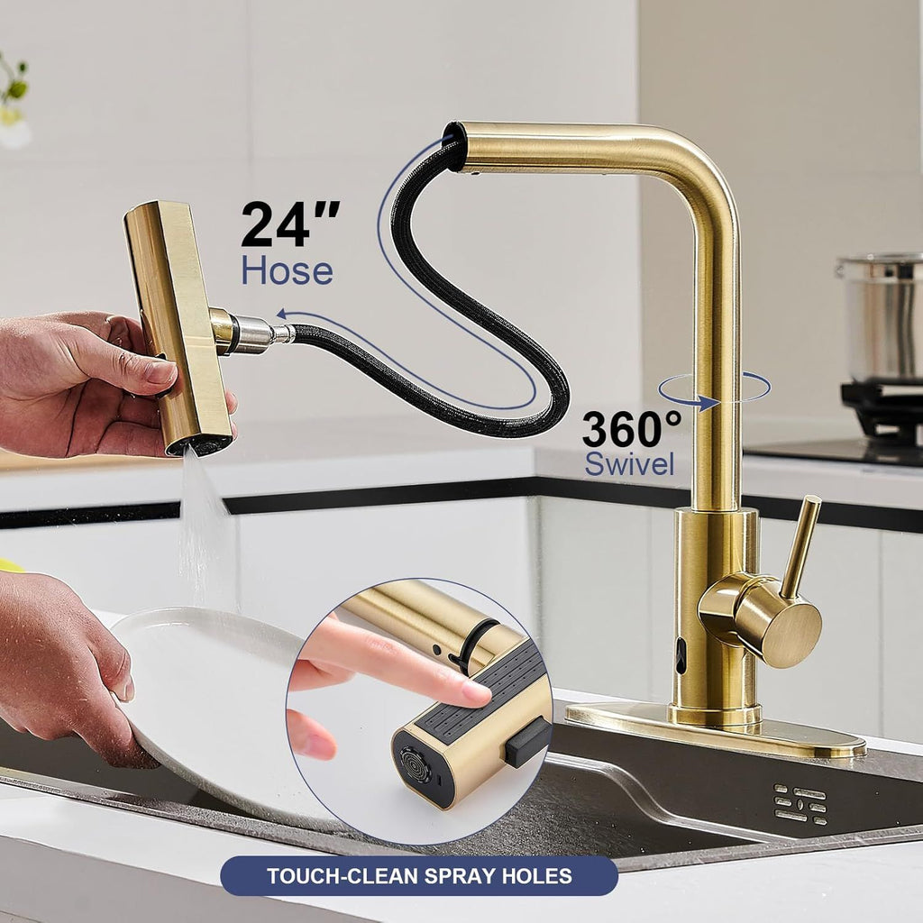 Brushed-Gold Touchless Kitchen Faucet with Pull-Down Sprayer