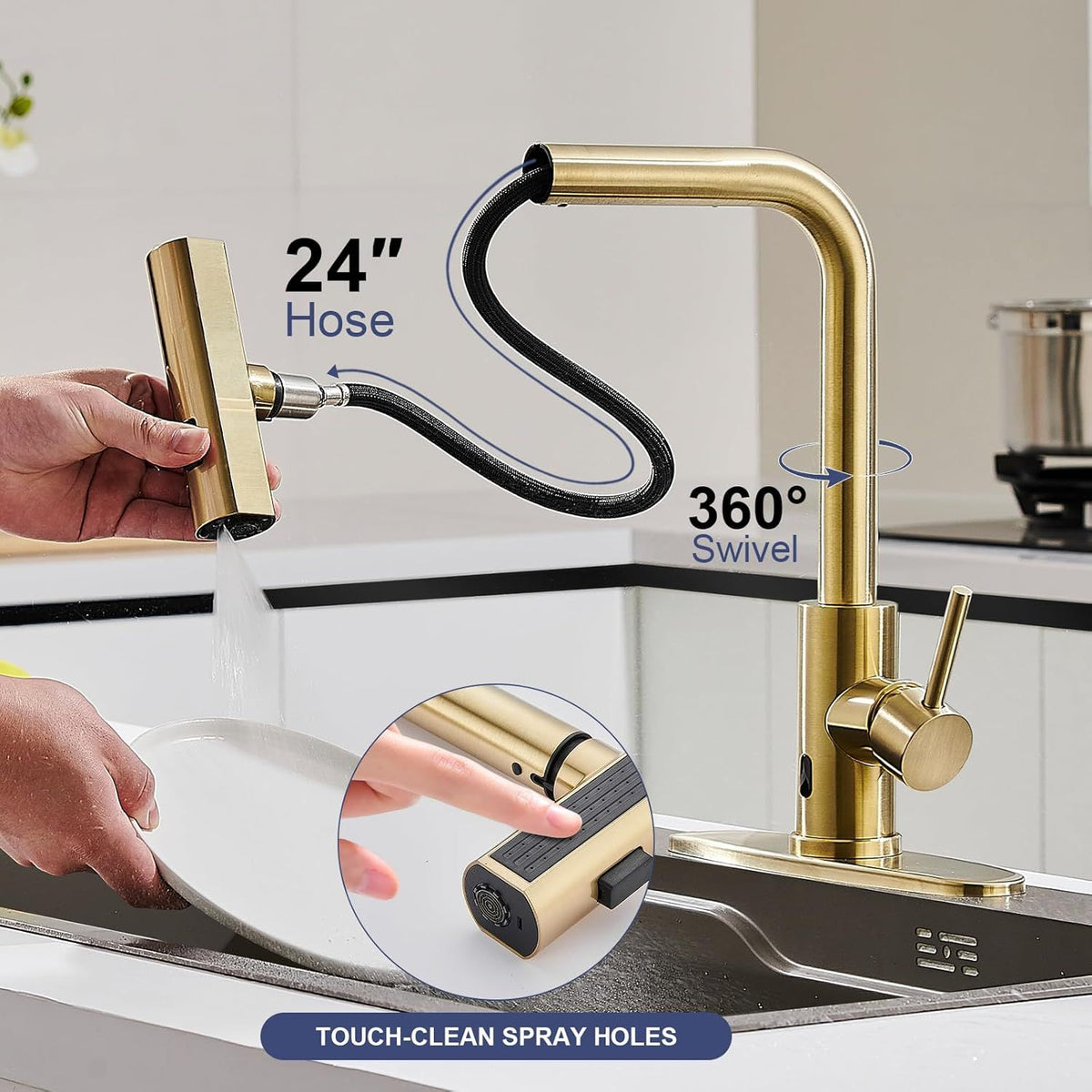 Brushed-Gold Touchless Kitchen Faucet with Pull-Down Sprayer