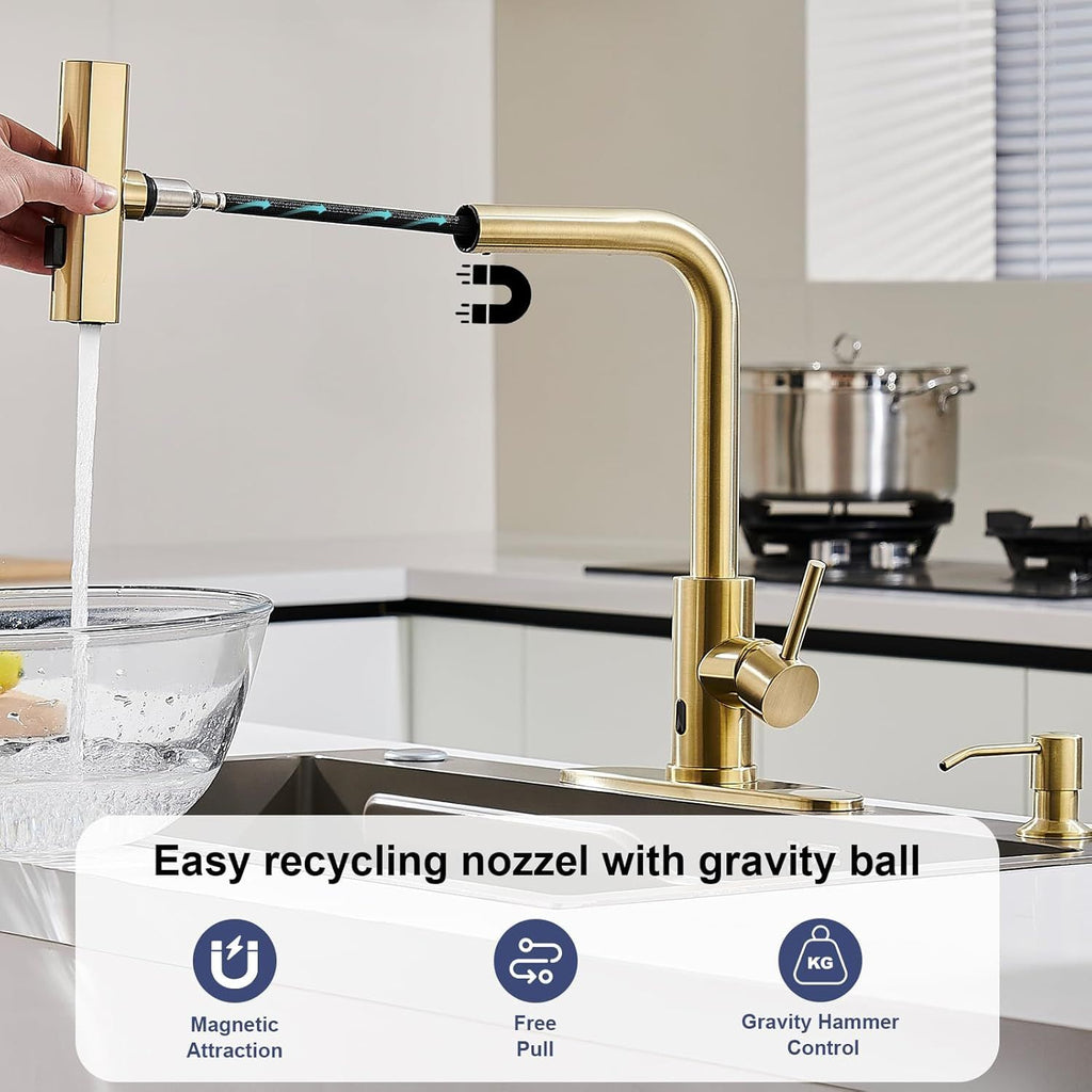 Brushed-Gold Touchless Kitchen Faucet with Pull-Down Sprayer