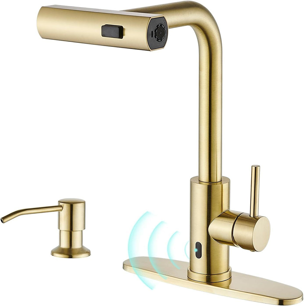 Brushed-Gold Touchless Kitchen Faucet with Pull-Down Sprayer