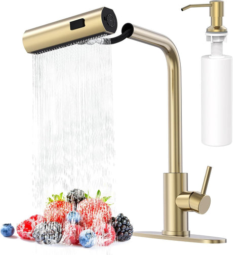 Brushed Gold Waterfall Kitchen Faucet with Pull Down Sprayer & Soap Dispenser