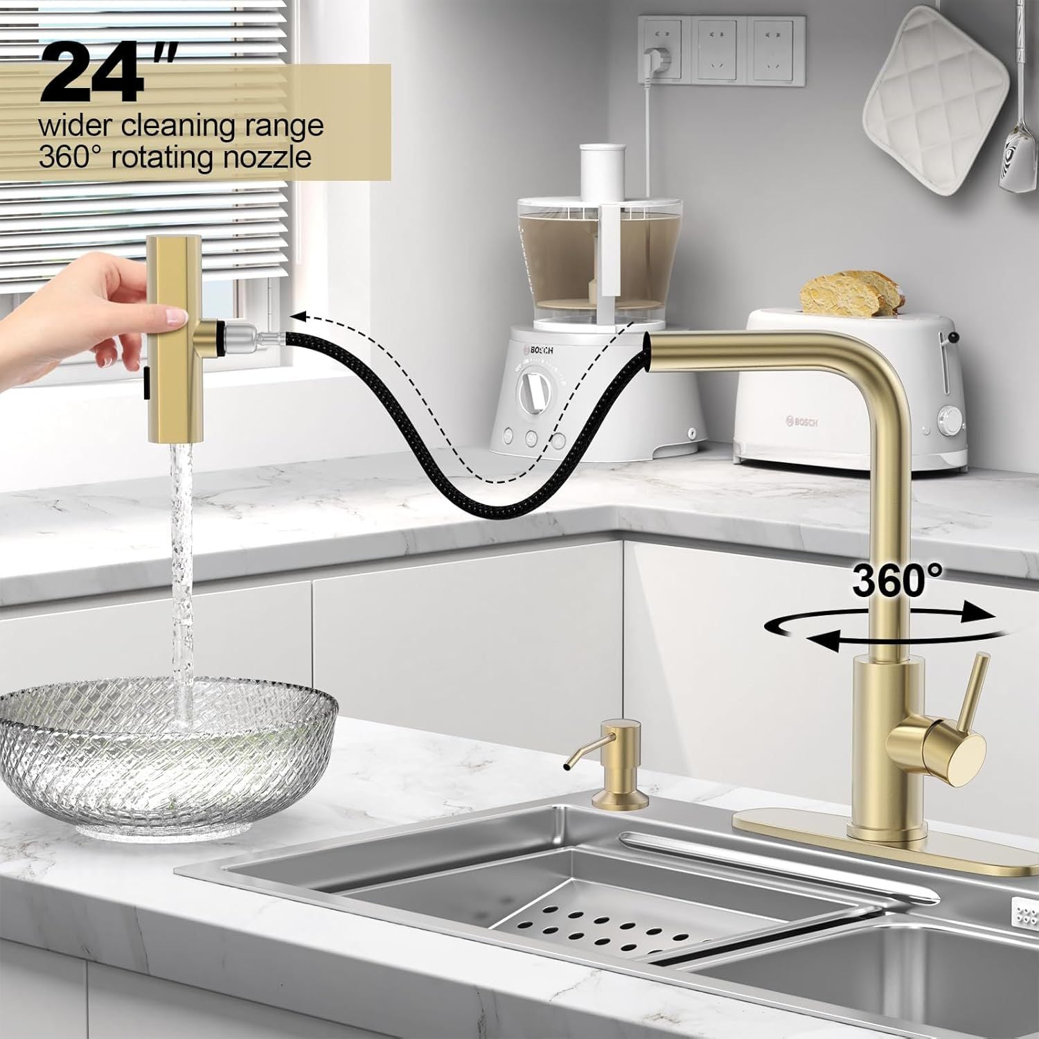 Brushed Gold Waterfall Kitchen Faucet with Pull Down Sprayer & Soap Dispenser