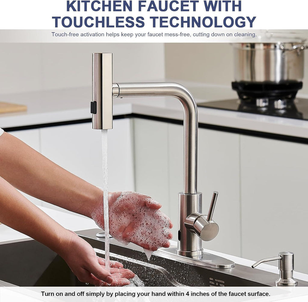 Brushed Nickel Touchless Kitchen Faucet with Pull Down Sprayer & Soap Dispenser