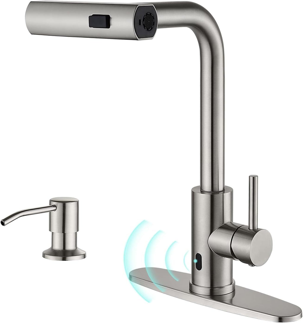 Brushed Nickel Touchless Kitchen Faucet with Pull Down Sprayer & Soap Dispenser