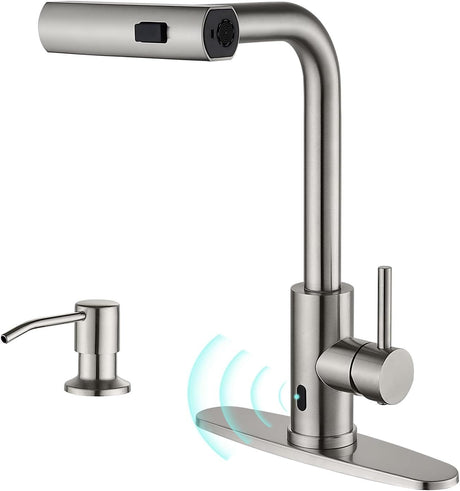 Brushed Nickel Touchless Kitchen Faucet with Pull Down Sprayer & Soap Dispenser