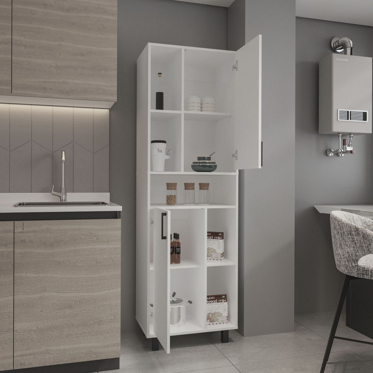 Bryce White Pantry Cabinet for Compact Kitchens