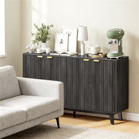 Dark Gray Wave-Fluted Buffet and Coffee Bar Cabinet