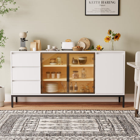 White Buffet Cabinet with Drawers and Enclosed Storage