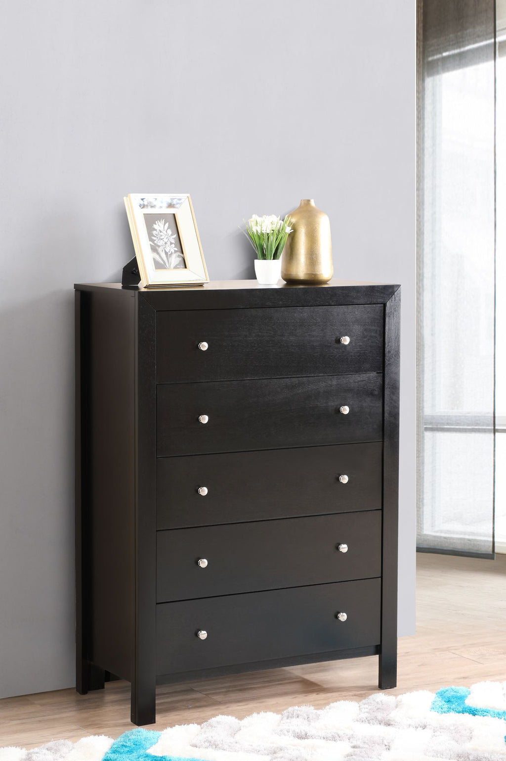 Black Wood Chest with Five Drawers
