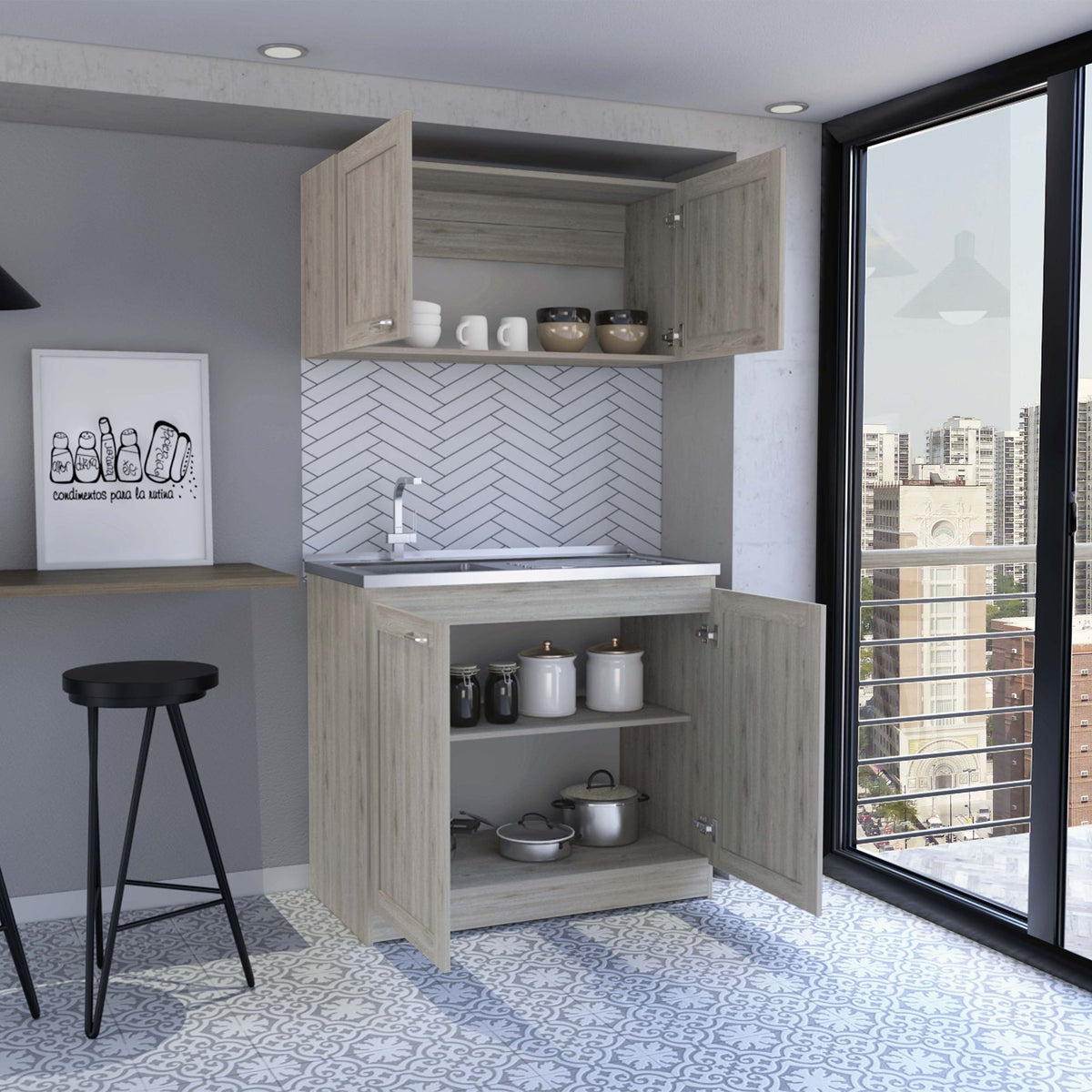 TidyCabinet Two-Part Storage Cabinet Set, Light Gray