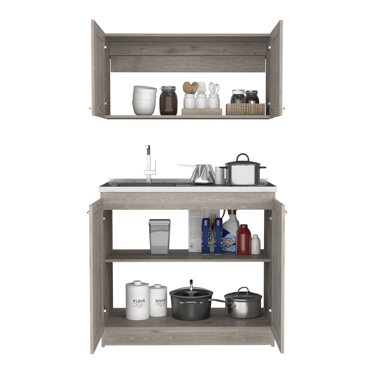 TidyCabinet Two-Part Storage Cabinet Set, Light Gray