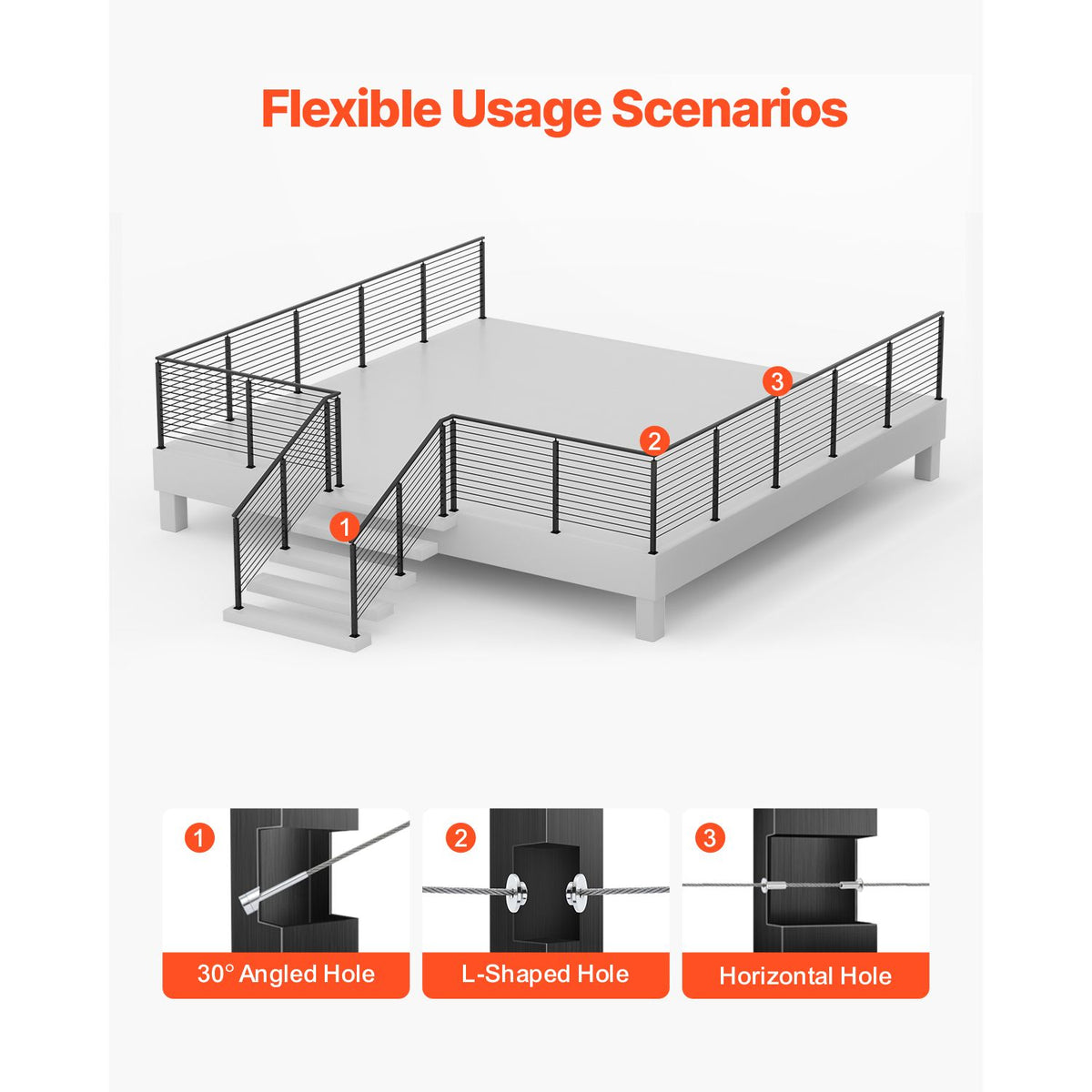 Horizontal Hole Cable Railing Post for Deck and Stair Protection