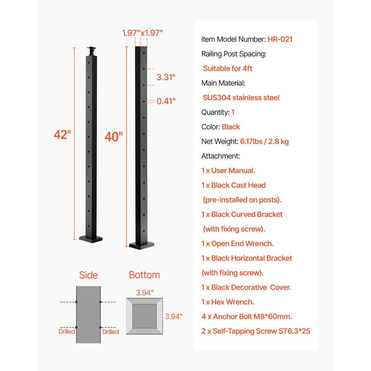 Horizontal Hole Cable Railing Post for Deck and Stair Protection