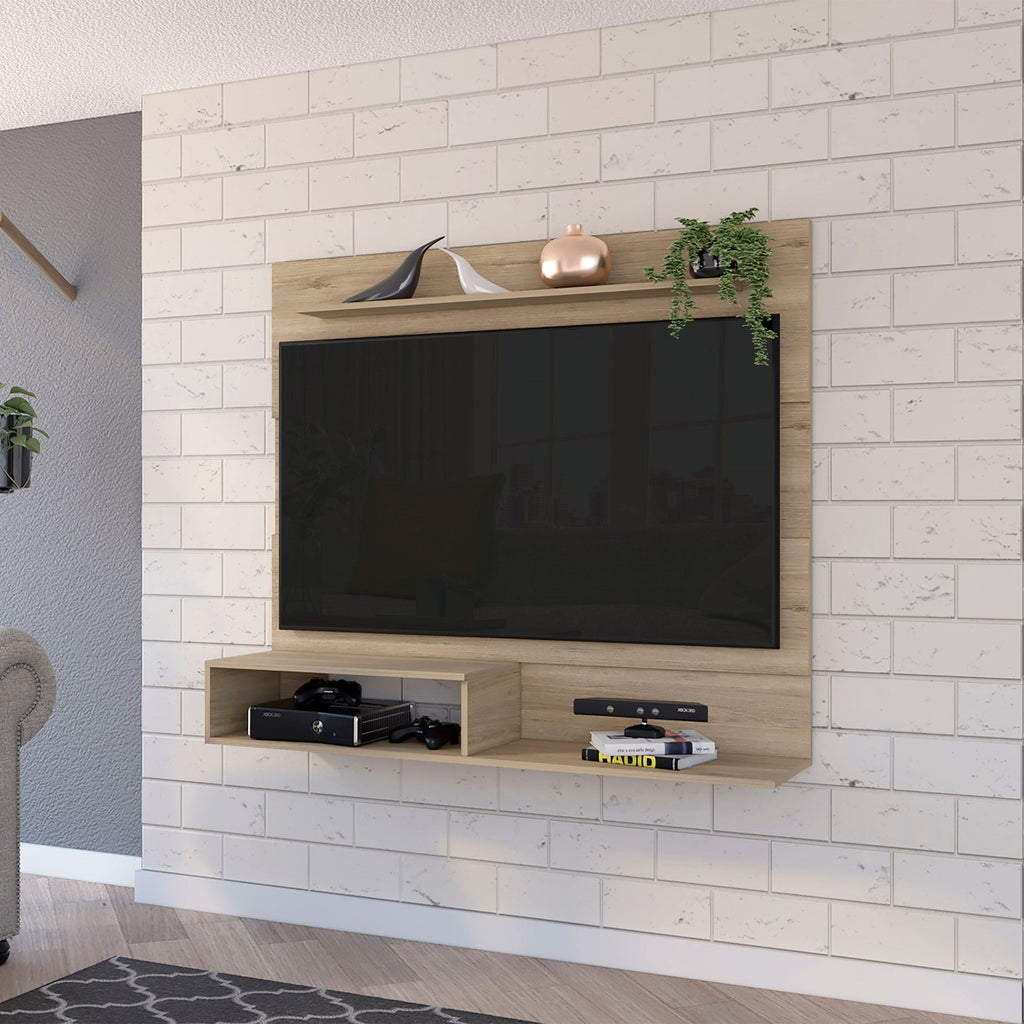 Floating Entertainment Center with Two Shelves and Ample TV Space - Light Pine