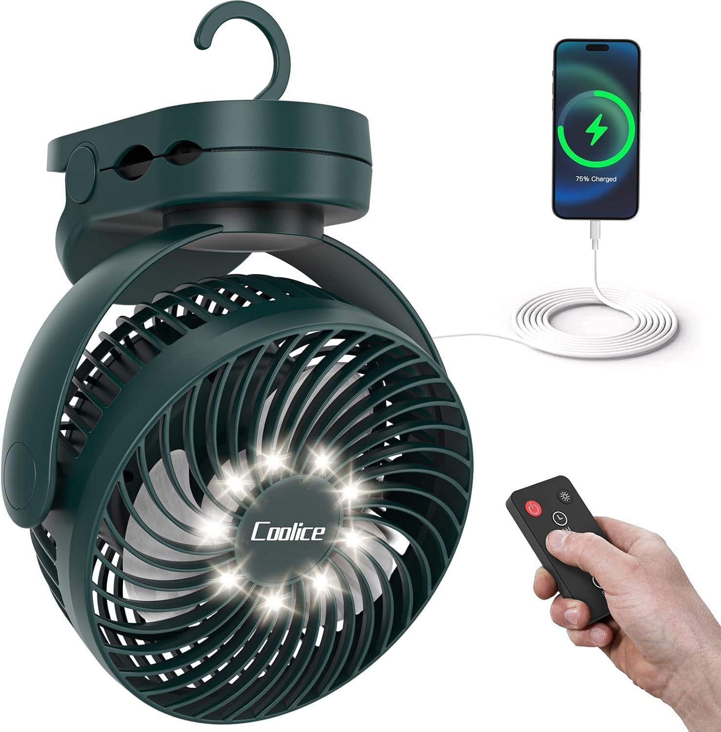 Portable Camping Fan with Remote Control – Rechargeable Battery Powered for Tent & RV - Green