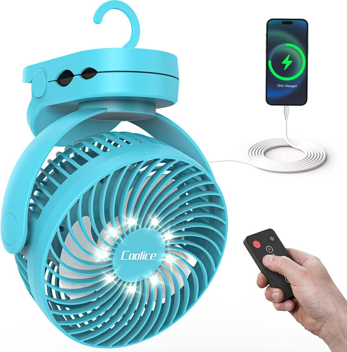 Portable Camping Fan with Remote Control – Rechargeable Battery Powered for Tent & RV - Blue