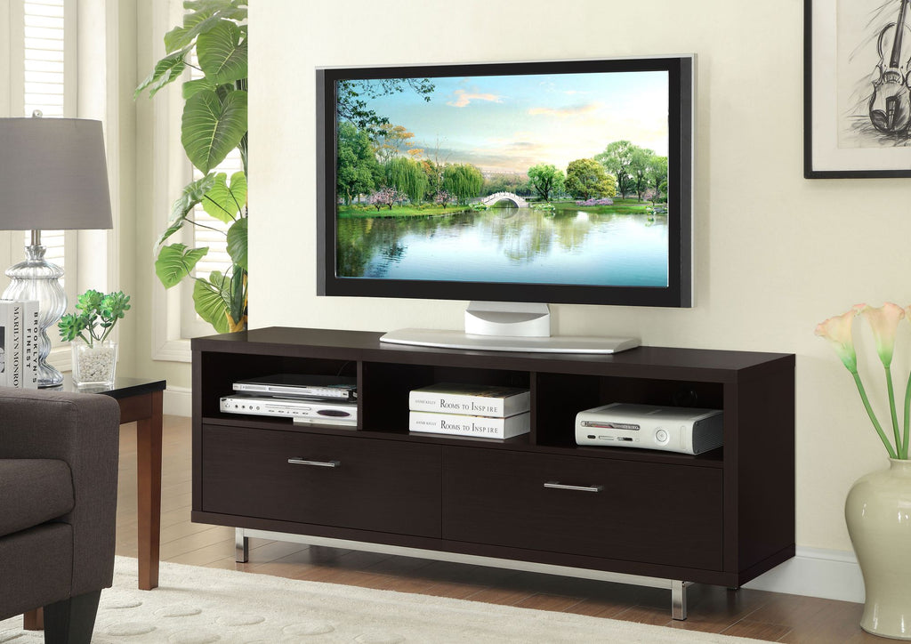 Cappuccino TV Console with Drawers and Open Cubbies
