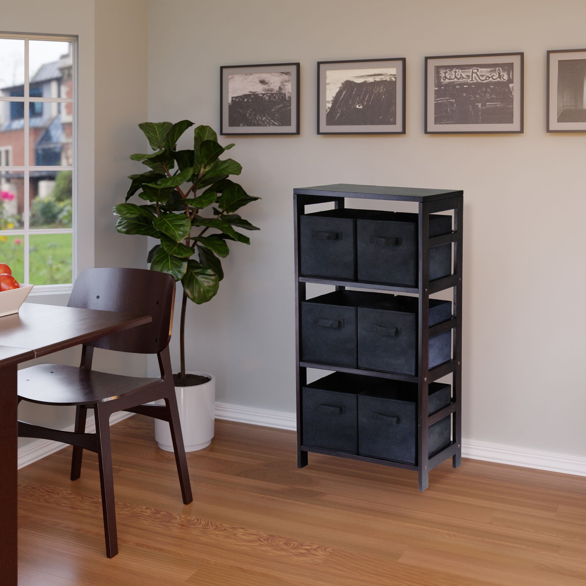 Capri 3-Section M Storage Shelf with 6 Foldable Black Fabric Baskets