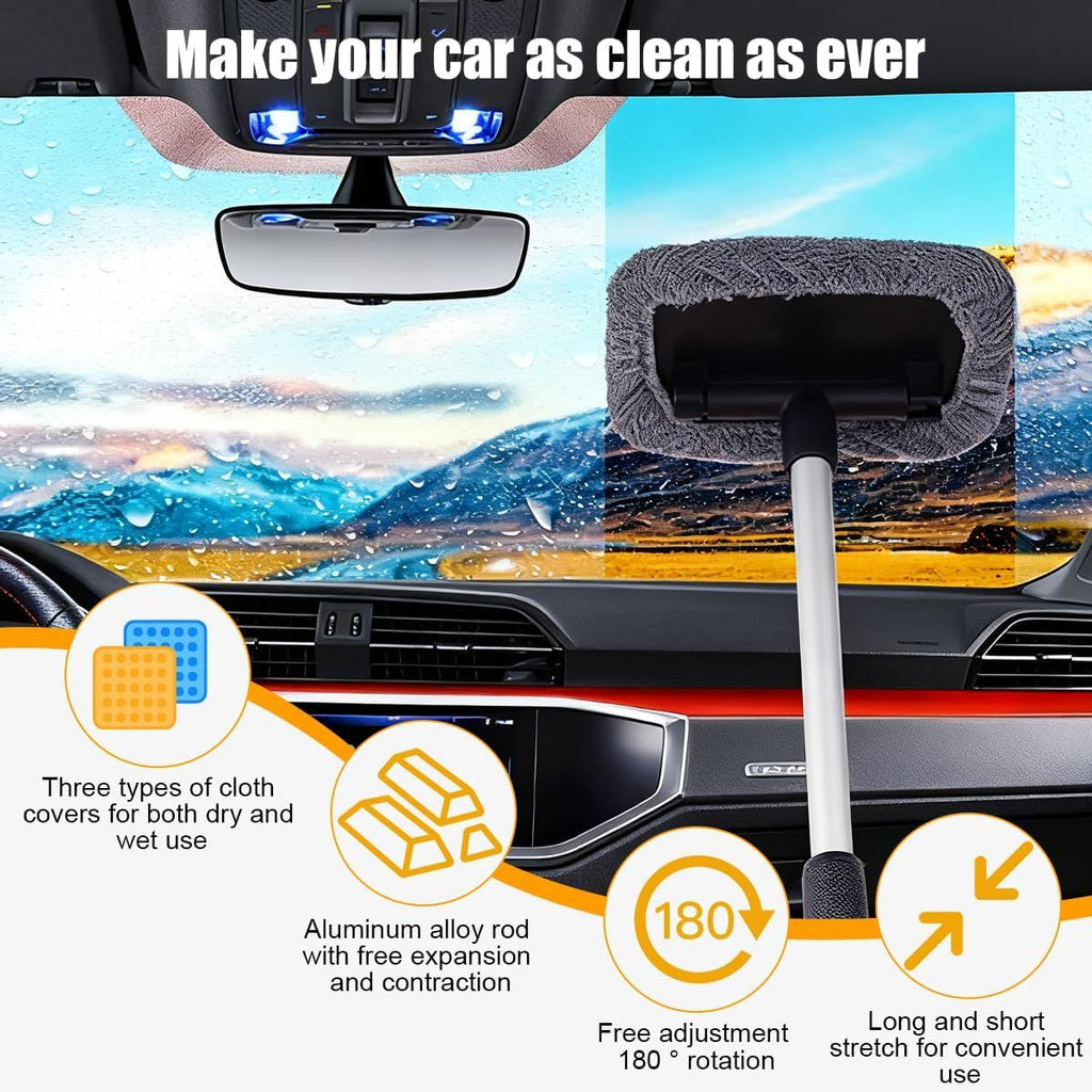 Car Windshield Cleaner Tool with Extendable Handle and 3 Microfiber Pads