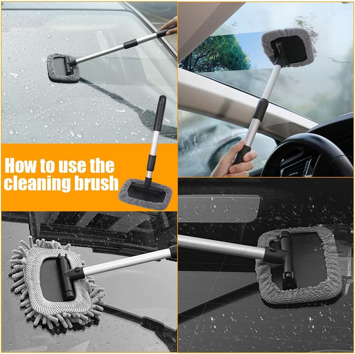 Car Windshield Cleaner Tool with Extendable Handle and 3 Microfiber Pads