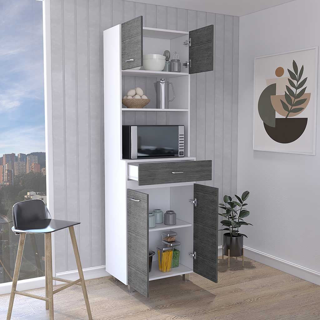 Caribe Microwave Cabinet with Drawer and Double Doors - White/Smokey Oak