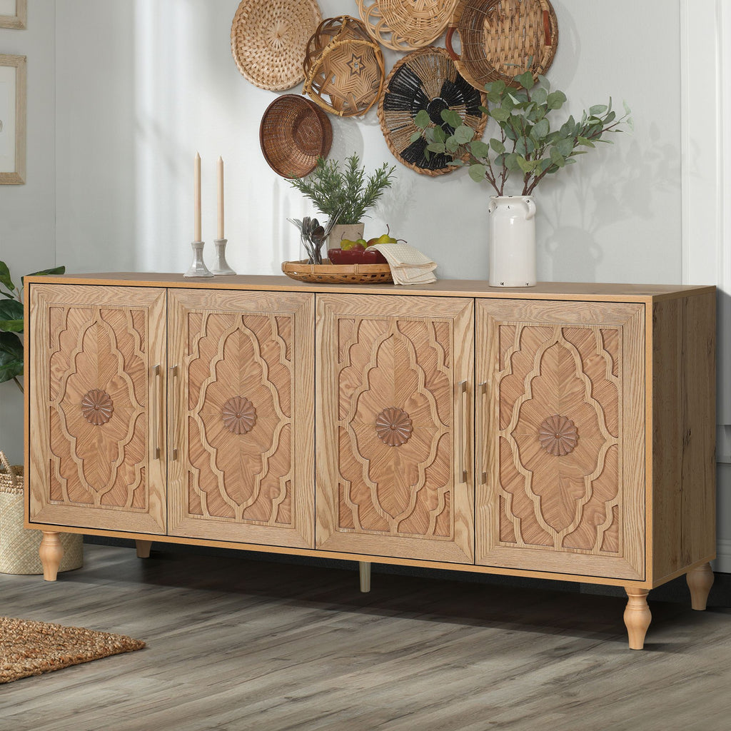 Carved Flower Door Large Storage Cabinet – Natural Wood for Living Room, Kitchen, Entryway